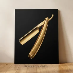 gold foil straight razor glossy metal print luxury barbershop wall art on matte black background