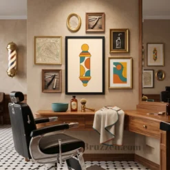 mid-century barber pole framed poster anchoring retro styled barbershop gallery wall