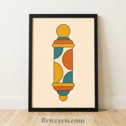 mid-century modern barber pole framed poster mustard orange teal geometric blocks on cream