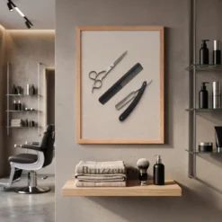 scissors comb razor framed poster styled in minimalist barbershop reception area