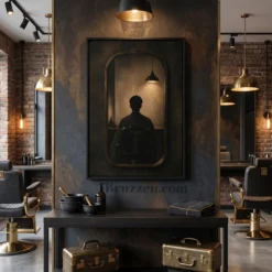 barbershop mirror reflection canvas displayed near styling station