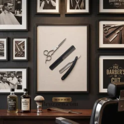 barber tools flat-lay framed poster anchoring modern minimalist barbershop gallery wall