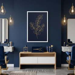 Gold scissors botanical branch white framed poster styled in modern masculine barbershop