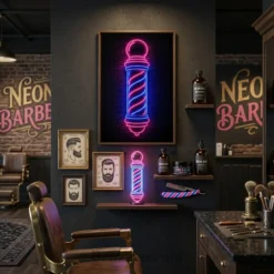 neon barber pole canvas displayed near barbershop entrance