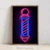 glowing neon barber pole framed canvas print in pink and blue