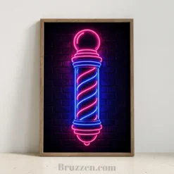glowing neon barber pole framed canvas print in pink and blue