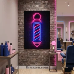 neon barber pole metal print hanging in modern retro barbershop