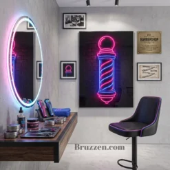 neon barber pole metal print styled on dark retro nightlife gallery wall