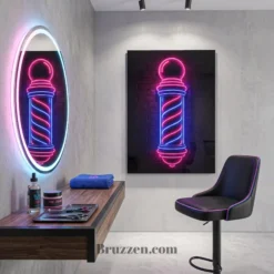 neon barber pole metal print displayed in retro home bar interior