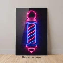 neon barber pole glossy metal print barbershop wall art glowing pink blue