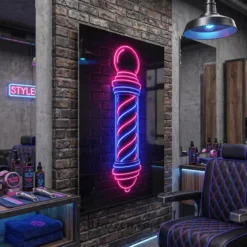 side angle view of neon barber pole metal print showing floating wall mount depth