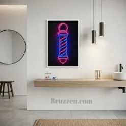 neon barber pole framed canvas styled in retro-industrial interior