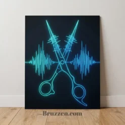 audio waveform barber shears glossy metal print barbershop wall art neon cyan blue
