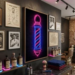 side profile of neon barber pole framed canvas showing 1.25-inch pine frame depth