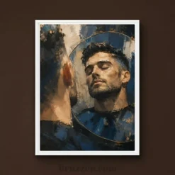 close-up of impressionist mirror reflection canvas showing expressive brushstroke detail and pine frame finish