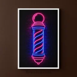 close-up of neon barber pole canvas showing glowing spiral detail and pine frame finish