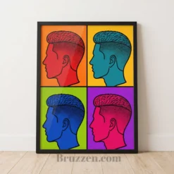 bold pop art male silhouette framed poster barbershop wall art vibrant color blocks halftone