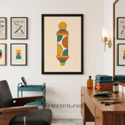 mid-century barber pole framed poster displayed on barbershop reception entrance wall