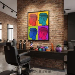 pop art male silhouette framed poster displayed at modern barbershop styling station wall