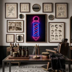 neon barber pole canvas anchoring retro-industrial barbershop gallery wall