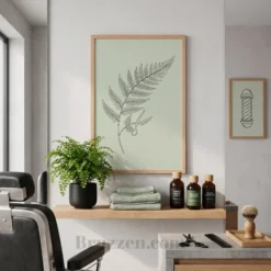 Sage green fern scissors white framed poster styled in Scandinavian barbershop