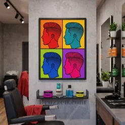 retro color block silhouette framed poster styled in mens grooming studio waiting area