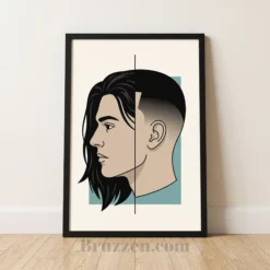 Split profile long hair and fade haircut framed poster in black frame, barbershop wall art