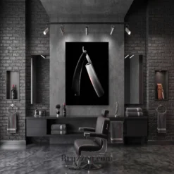 straight razor glossy metal print hanging in modern traditional barbershop shaving station