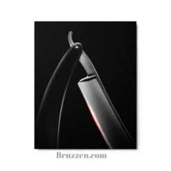 close-up of straight razor glossy metal print showing red blade accent and glossy aluminum surface
