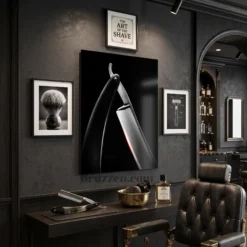 straight razor glossy metal print styled on dark industrial barbershop gallery wall