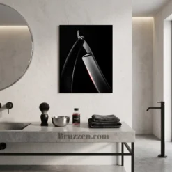 straight razor metal print displayed in men's grooming studio wet shave area