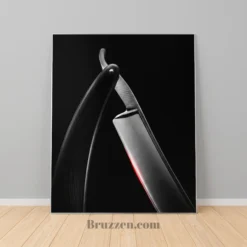 black and white straight razor glossy metal print barbershop wall art diagonal blade on black background