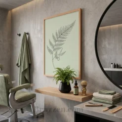 Side profile of fern scissors botanical black framed poster showing 0.75 inch Ayous wood frame depth
