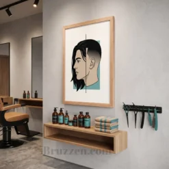 Side profile of split fade black framed poster showing 0.75 inch Ayous wood frame depth