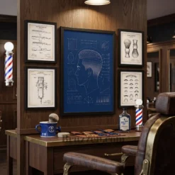 fade blueprint framed poster paired with FADE LAB typography print on technical barbershop gallery wall