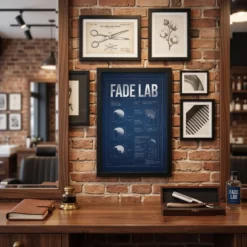 Fade Zone Blueprint Reference poster anchoring engineering-inspired barbershop gallery wall