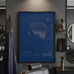 fade blueprint framed poster displayed on barber training academy feature wall