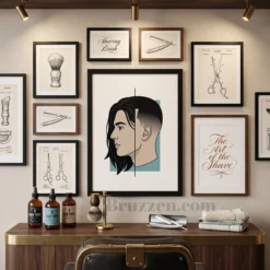 Split fade barber poster black frame anchoring urban barbershop gallery wall