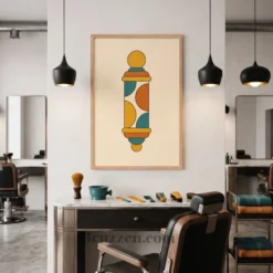 retro geometric barber pole framed print styled in barbershop waiting area