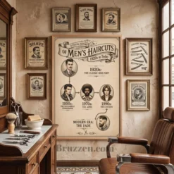 decades of style haircut timeline poster anchoring nostalgic vintage barbershop gallery wall