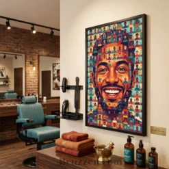 Side profile of barbershop mosaic portrait black framed poster showing 0.75 inch Ayous wood frame depth