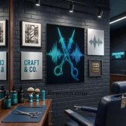 audio waveform shears metal print styled on dark tech-forward gallery wall