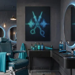 audio waveform shears metal print displayed in modern grooming studio