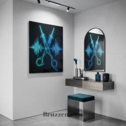 side angle view of audio waveform shears metal print showing floating wall mount depth