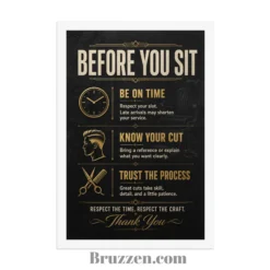 close-up of before you sit poster showing gold accent typography and wood frame