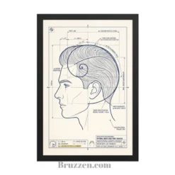 close-up of Fibonacci haircut blueprint poster showing grid lines annotations and wood frame