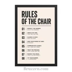 close-up of rules of the chair poster showing typography and wood frame