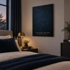 Custom memorial star map metal print displayed in a bedroom memory corner