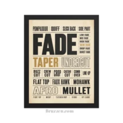 barbershop haircut names typographic framed poster black frame cream background rust red accents