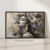 Gray, Black & Gold Floral Woman Portrait Framed Canvas Wall Art